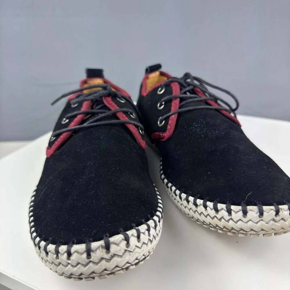 Fashion Casual Shoes Mens 10 Black Suede Burgundy Trim Whipstitch Lace Up Flats